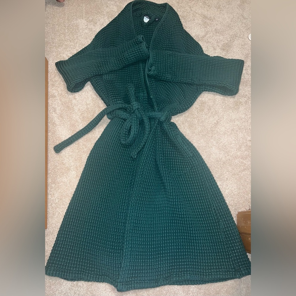 Brooklinen dark green waffle robe.